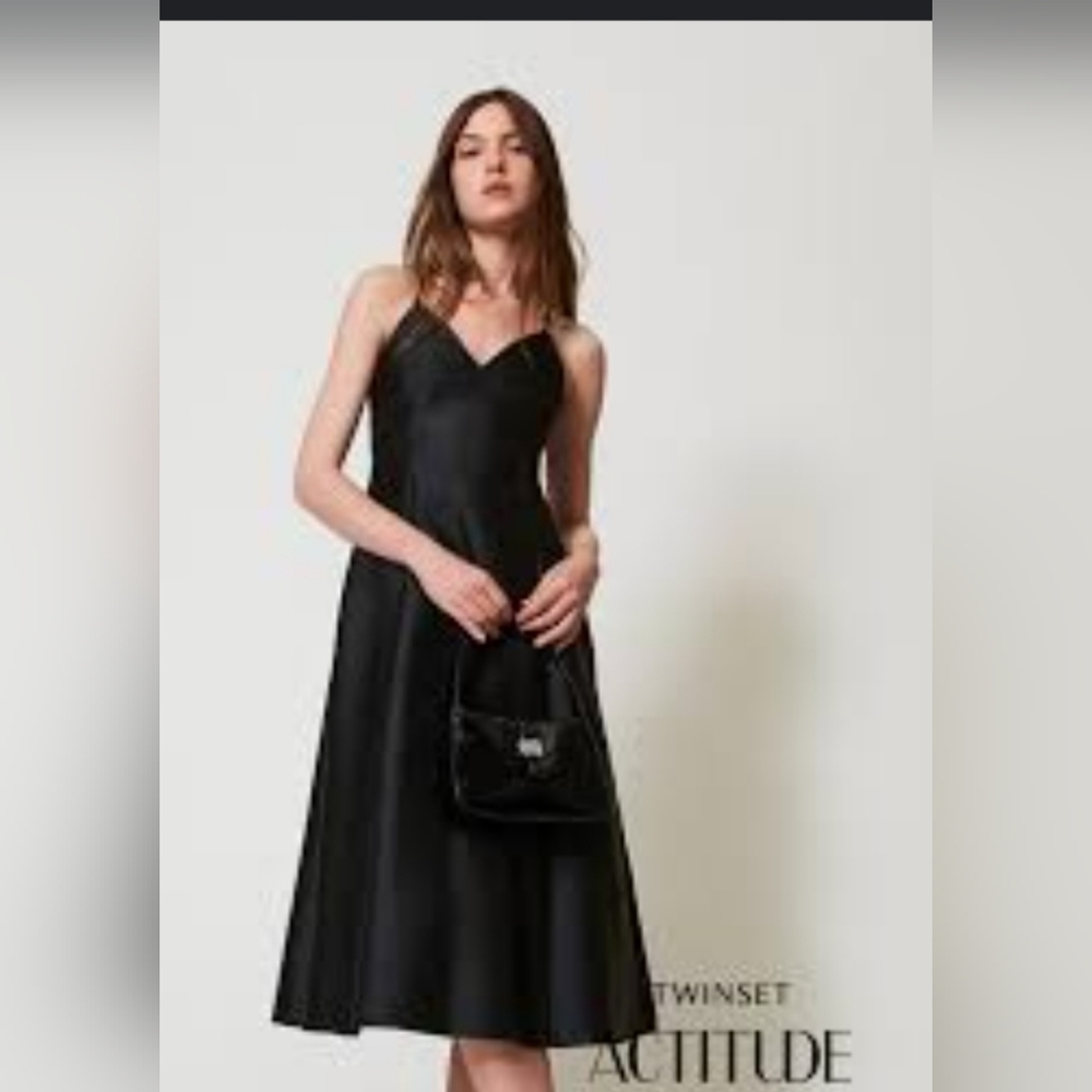 Black Satin Spaghetti-Strap Midi Dress